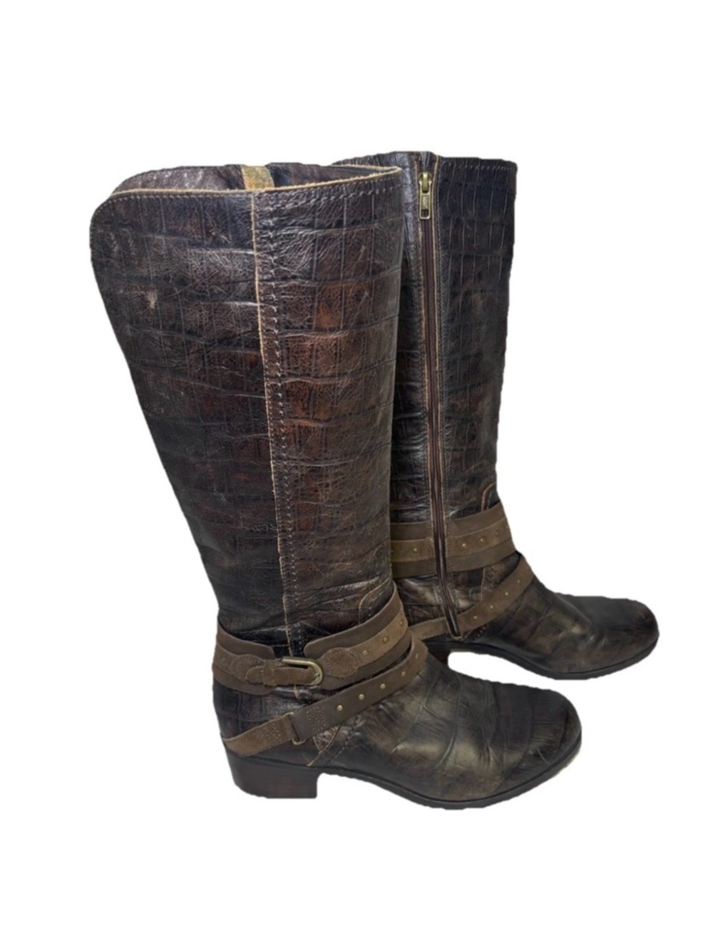 UGG Esplanade Riding Boots Croco Java Brown Distressed Sheepskin Lined Size 9.5